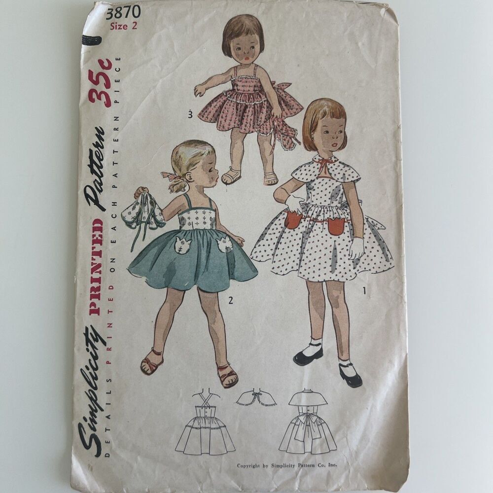 Simplicity Vintage 1940s Sewing Pattern Child’s Sun Dress And Cape 3870 Complete